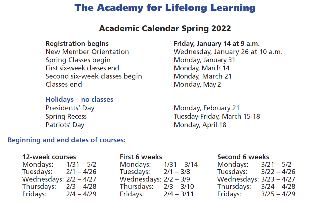 Spring 2022 Academic Calendar Spring 2022 Academic Calendar - Academy For Lifelong Learning Of Cape Cod,  Inc.