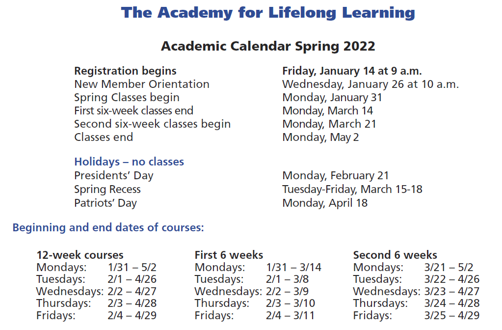 Spring Schedule 2022 Spring 2022 Academic Calendar - Academy For Lifelong Learning Of Cape Cod,  Inc.