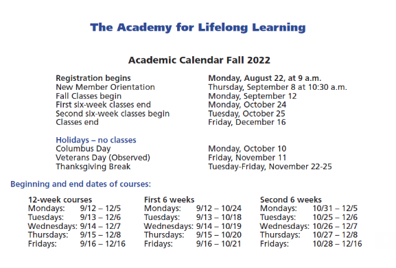 Fall 2022 Academic Calendar - Academy for Lifelong Learning of Cape Cod